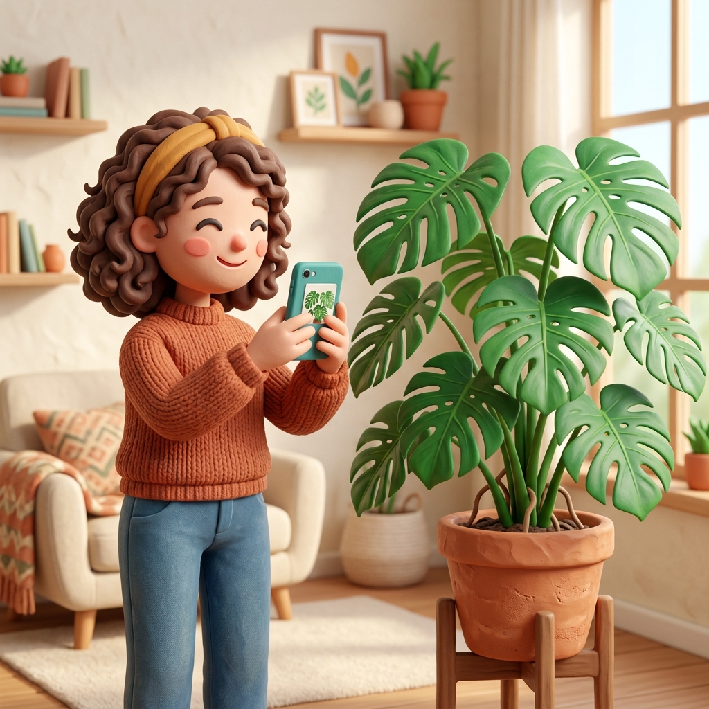 3D style app icon illustration of a happy person taking a photo of a plant with a smartphone